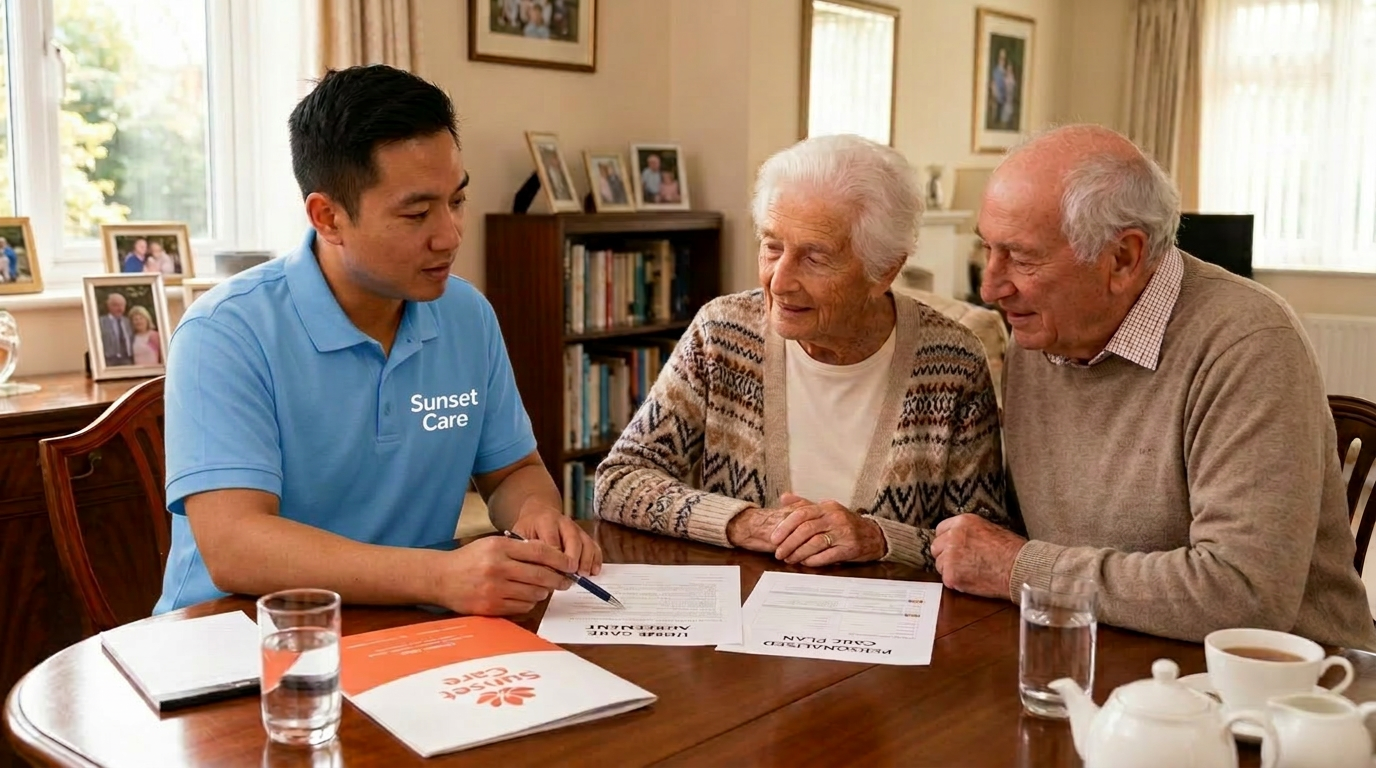 Sunset Care professional carer meeting new elderly client at home in England & Wales, beginning personalised home care assessment and care journey