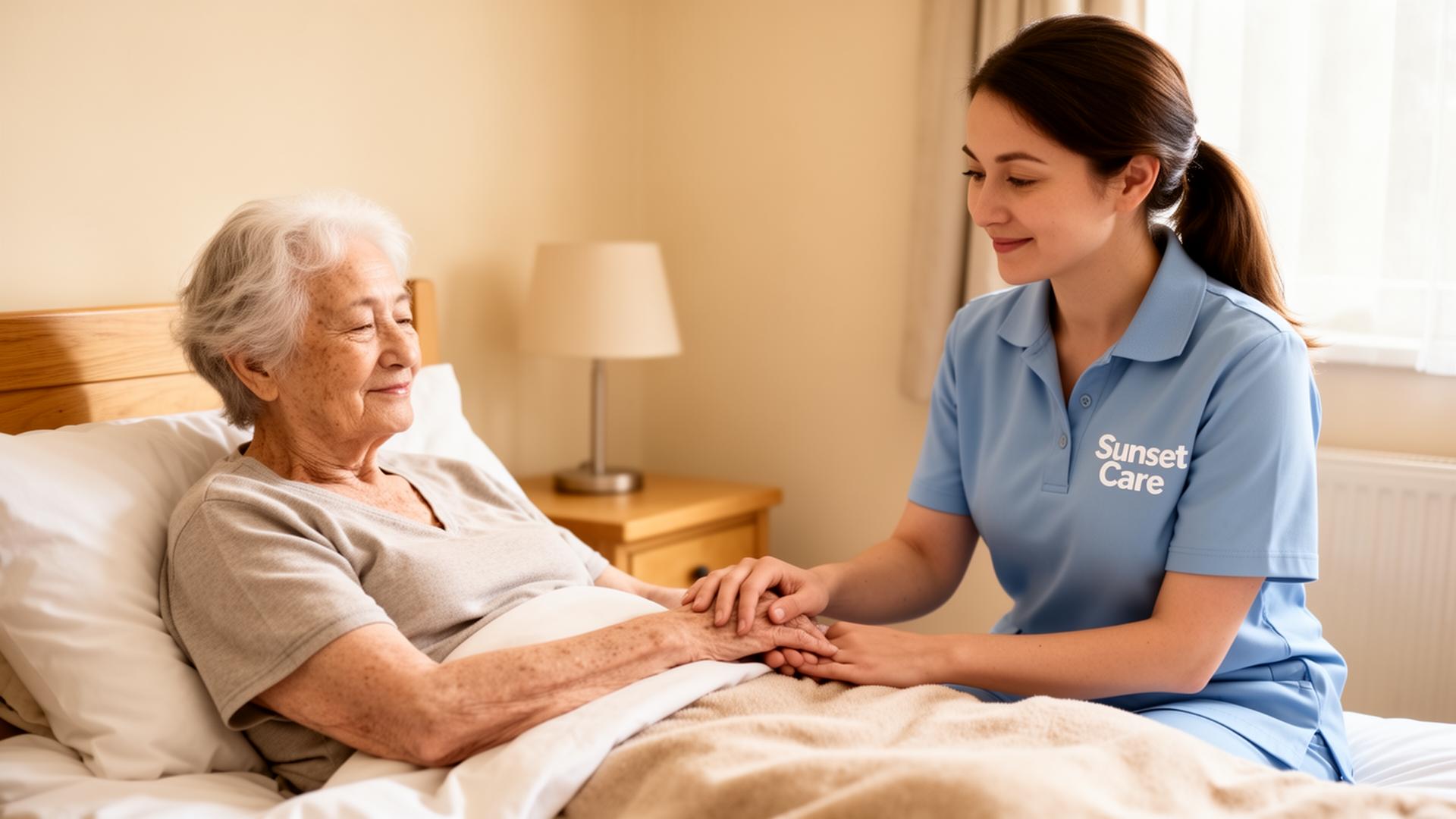 Sunset Care palliative carer providing gentle compassionate end-of-life support to elderly person at home in England & Wales with dignity and peaceful comfort